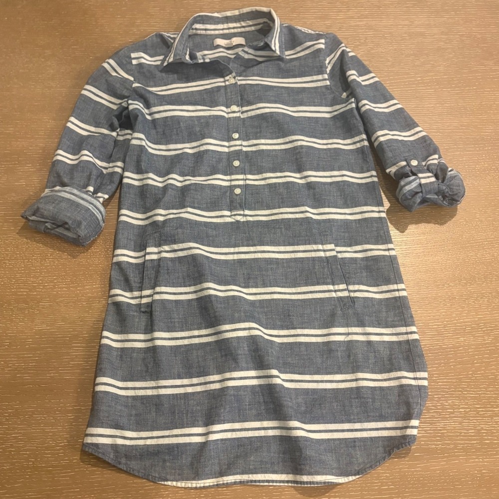 LOFT Womens Striped Tunic Size 4 Blue White Roll Tab Chambray Pockets Dress Top